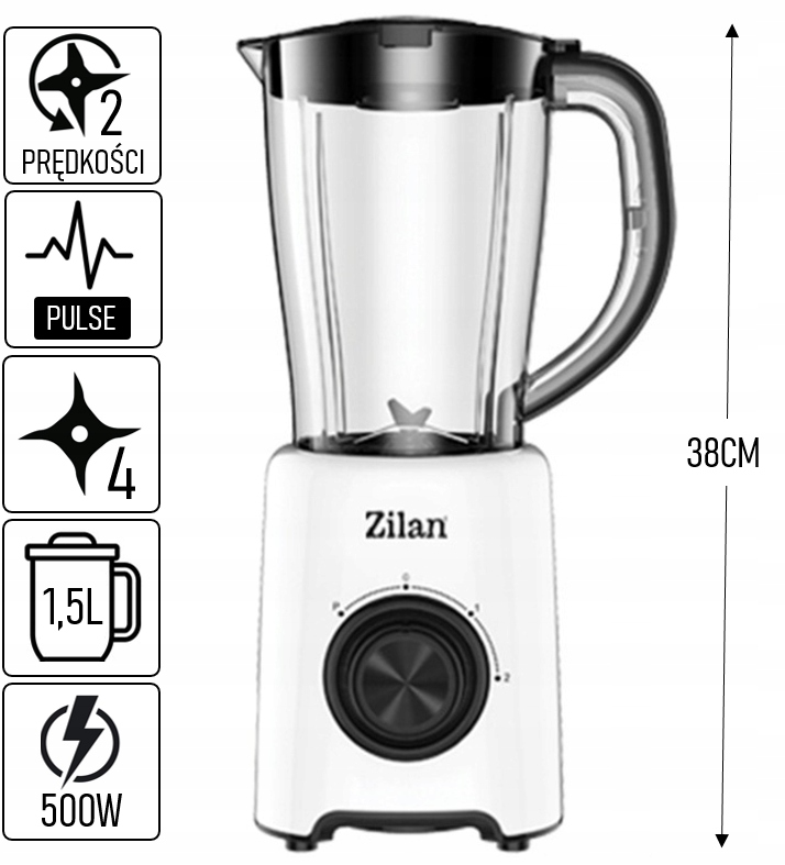 BLENDER KIELICHOWY MIKSER ZILAN BPA FREE 2 BIEGI + PULSE 500W