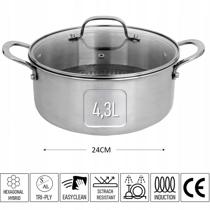 GARNEK POWŁOKA NON STICK STRUKTURA PLASTRA MIODU HEXAGONAL HYBRID 4,3L 24CM
