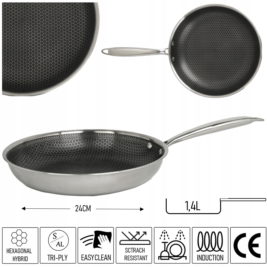 PATELNIA POWŁOKA NON STICK - STRUKTURA PLASTRA MIODU HEXAGONAL HYBRID 24CM
