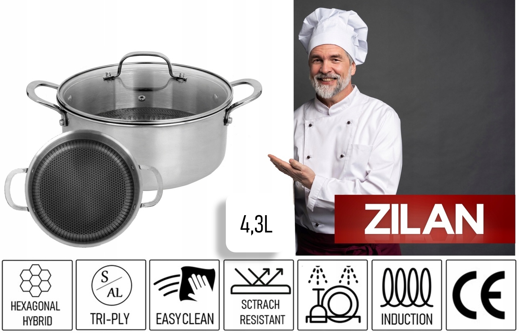 GARNEK POWŁOKA NON STICK STRUKTURA PLASTRA MIODU HEXAGONAL HYBRID 4,3L 24CM