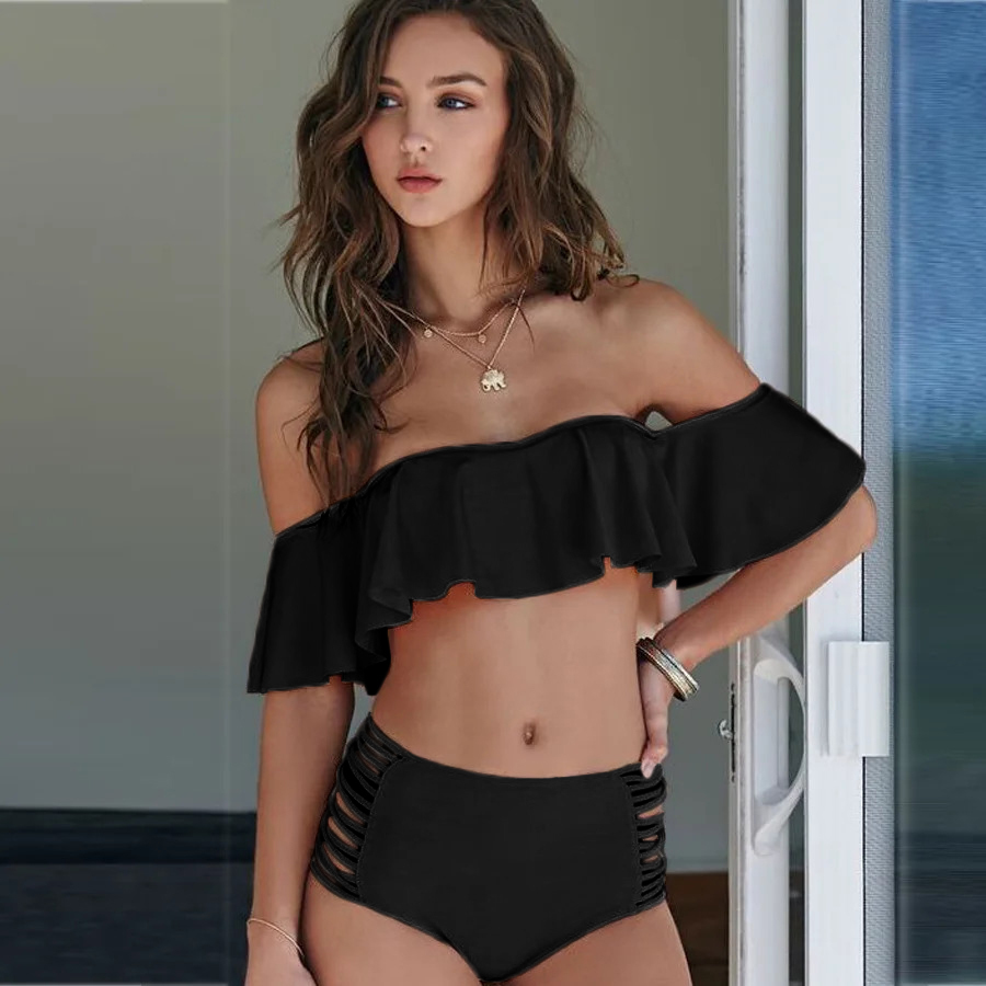 Kostium dwuczęściowy strój kąpielowy bikini na basen wysoki stan falbanka