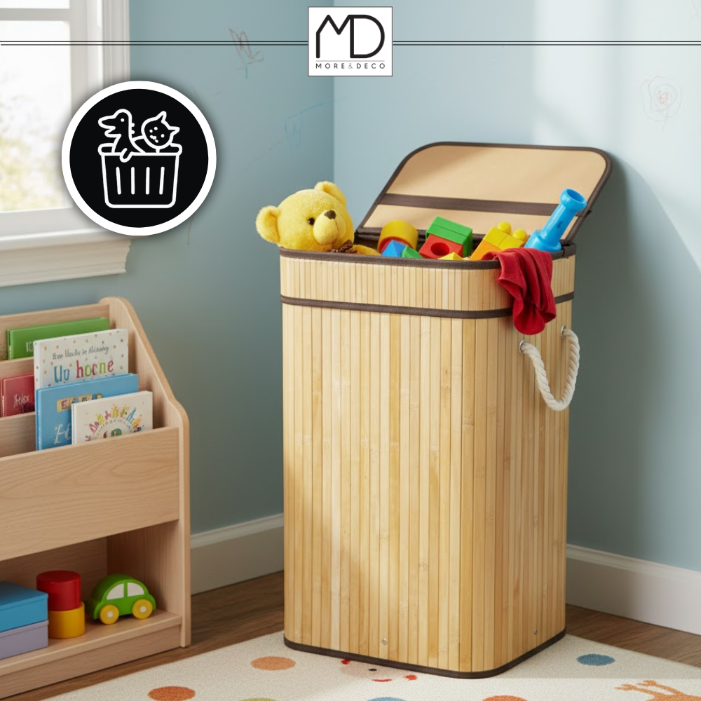 SKŁADANY KOSZ POJEMNIK NA PRANIE BIELIZNĘ Z POKRYWĄ BAMBUSOWY DREWNIANY 80L
