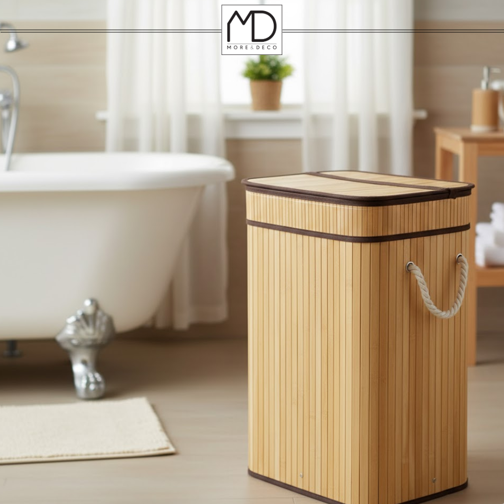 SKŁADANY KOSZ POJEMNIK NA PRANIE BIELIZNĘ Z POKRYWĄ BAMBUSOWY DREWNIANY 80L