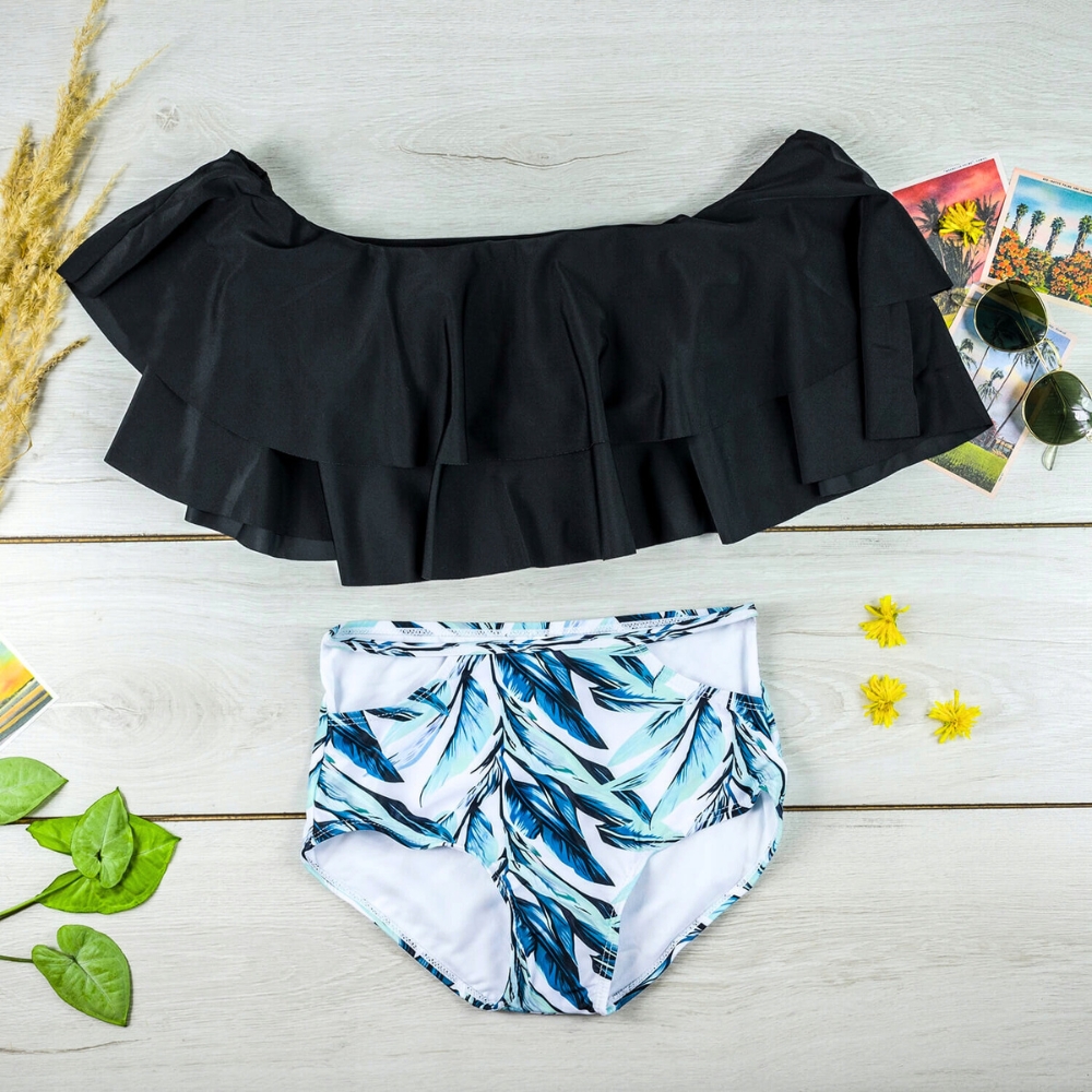 Strój kąpielowy kostium bikini dwuczęściowe hiszpanka falbana wysoki stan l