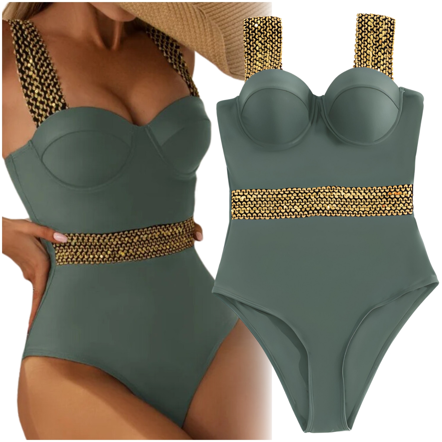 JEDNOCZĘŚCIOWY STRÓJ KĄPIELOWY CEKINY GORSETOWY PUSH UP USZTYWNIANY XXL