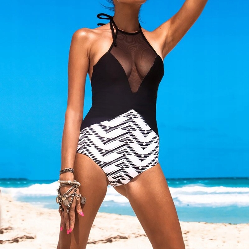 STRÓJ KAPIELOWY MONOKINI JEDNOCZĘŚCIOWY BIAŁO-CZARNY KOSTIUM NA WAKACJE S