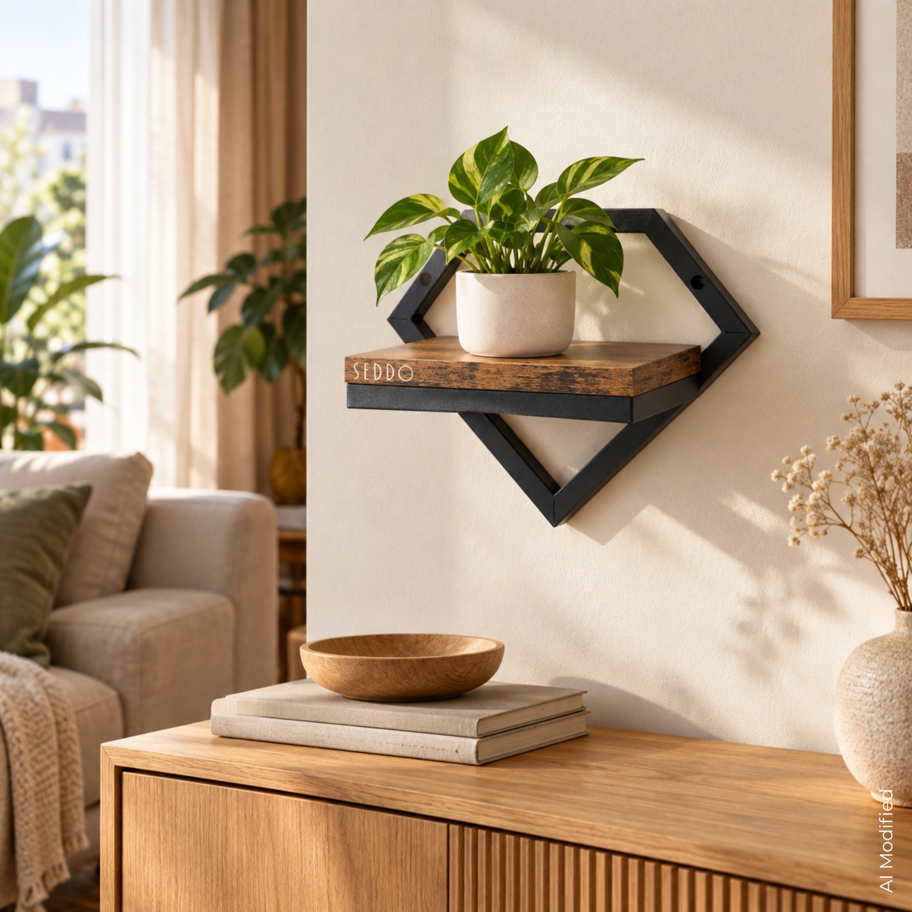 Kwietnik ścienny wiszący loft 20 × 25 × 18,5 cm – czarny, brązowa półka – zdjęcie 2