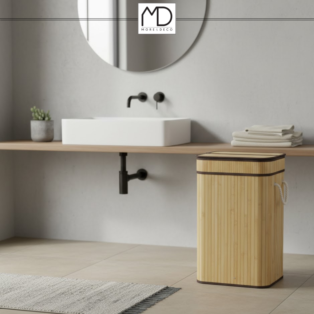 SKŁADANY KOSZ POJEMNIK NA PRANIE BIELIZNĘ Z POKRYWĄ BAMBUSOWY DREWNIANY 80L