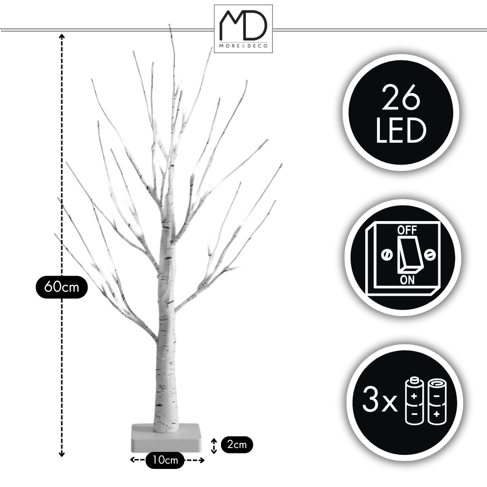 Drzewko świąteczne brzoza LED dekoracja Boże Narodzenie 60 cm 26 LED zimna