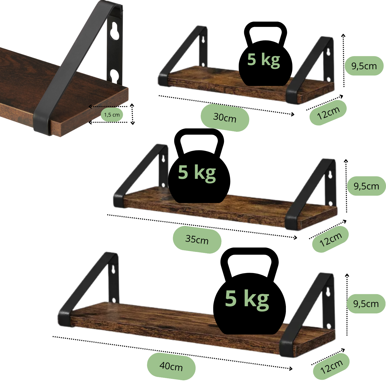 ZESTAW PÓŁEK ŚCIENNYCH WISZĄCYCH RUSTIC LOFT STYL INDUSTRIALNY 3 SZTUKI