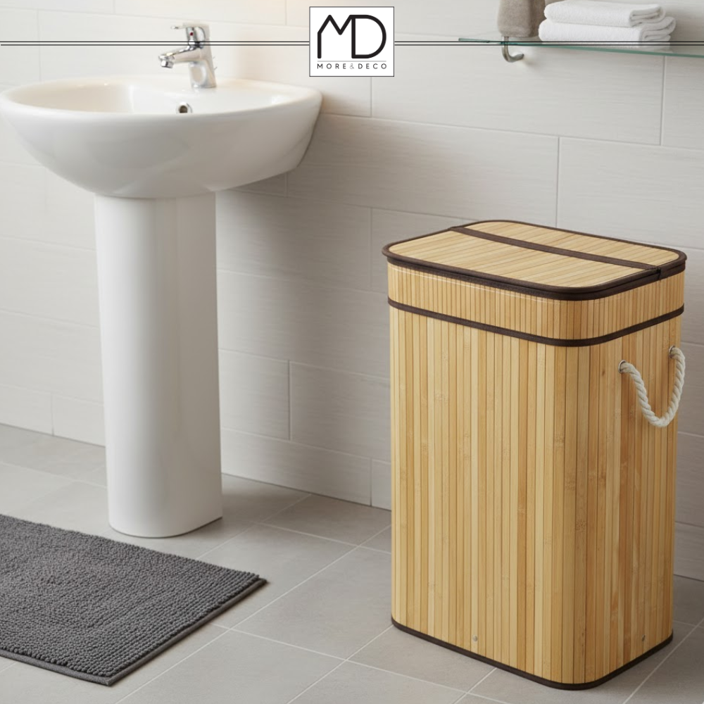 SKŁADANY KOSZ POJEMNIK NA PRANIE BIELIZNĘ Z POKRYWĄ BAMBUSOWY DREWNIANY 80L