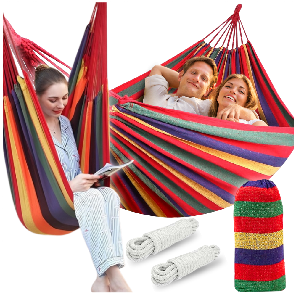 Wytrzymały hamak dwusosobowy duży xxl boho 2w1 bawełniany 290 cm CZERWONY