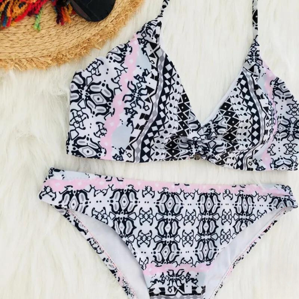 BIKINI STRÓJ KĄPIELOWY DWUCZĘŚCIOWY WZÓR AZTECKI WIĄZANY KOSTIUM KOMPLET M