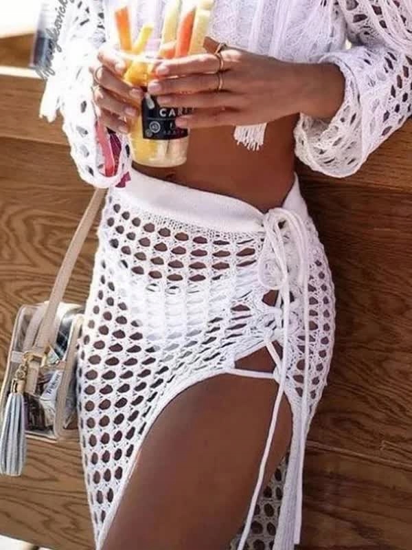 BIAŁA AŻUROWA MIDI SPÓDNICA PLAŻOWA BOHO PLAŻA LATO STYLOWA FRĘDZLE PROSTA