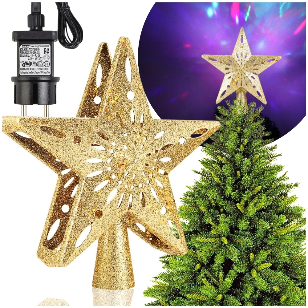 ŚWIECĄCA GWIAZDA OZDOBA NA CHOINKĘ LED Z PROJEKTOREM CZUBEK ZŁOTA NA PRĄD