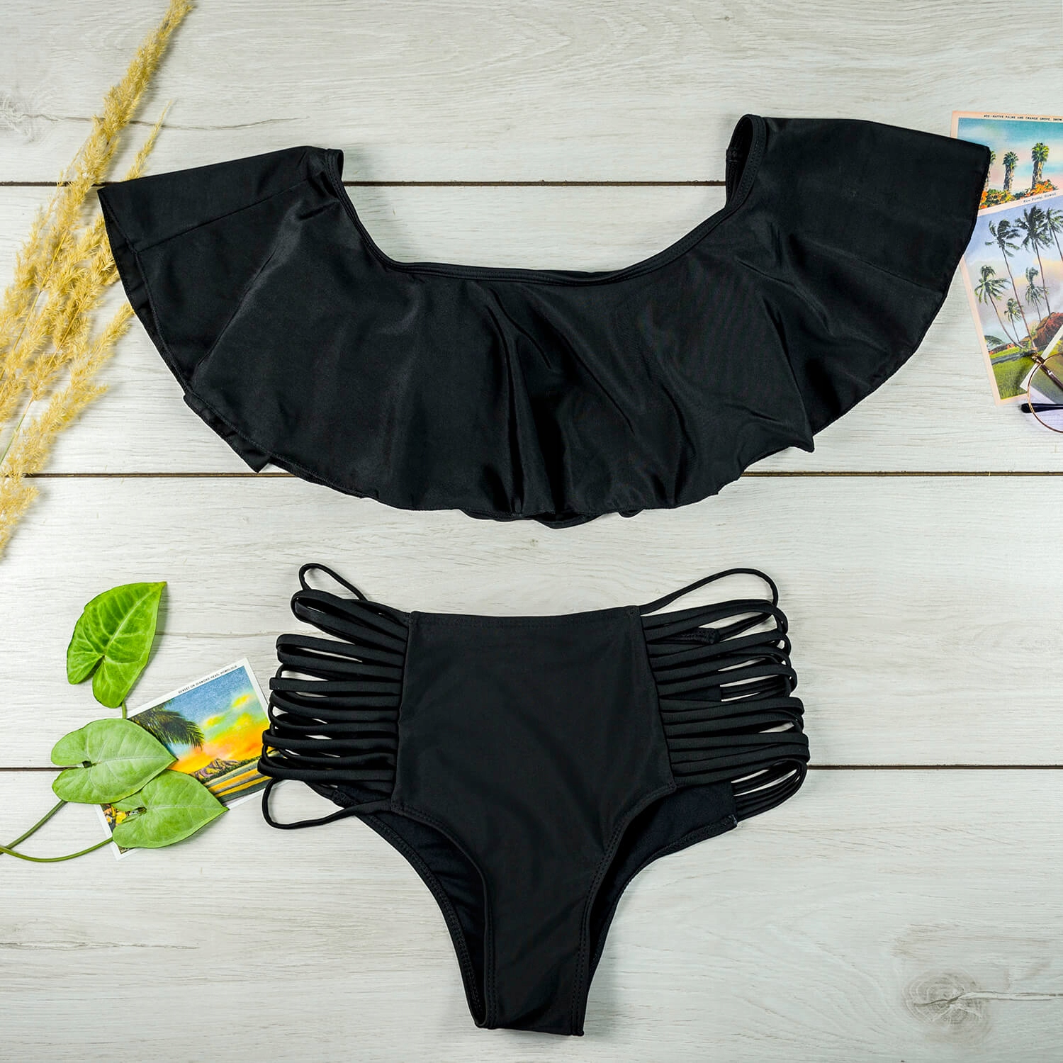 Kostium dwuczęściowy strój kąpielowy bikini na basen wysoki stan falbanka