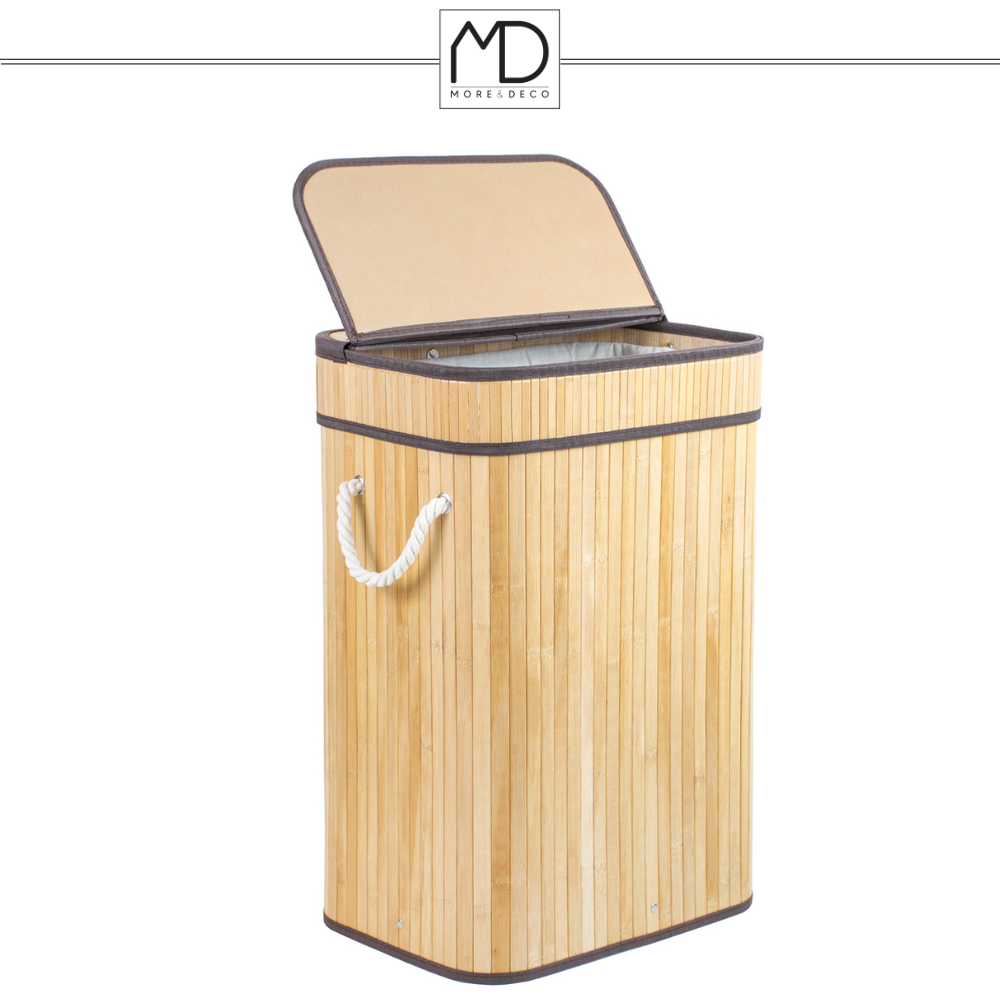 SKŁADANY KOSZ POJEMNIK NA PRANIE BIELIZNĘ Z POKRYWĄ BAMBUSOWY DREWNIANY 80L