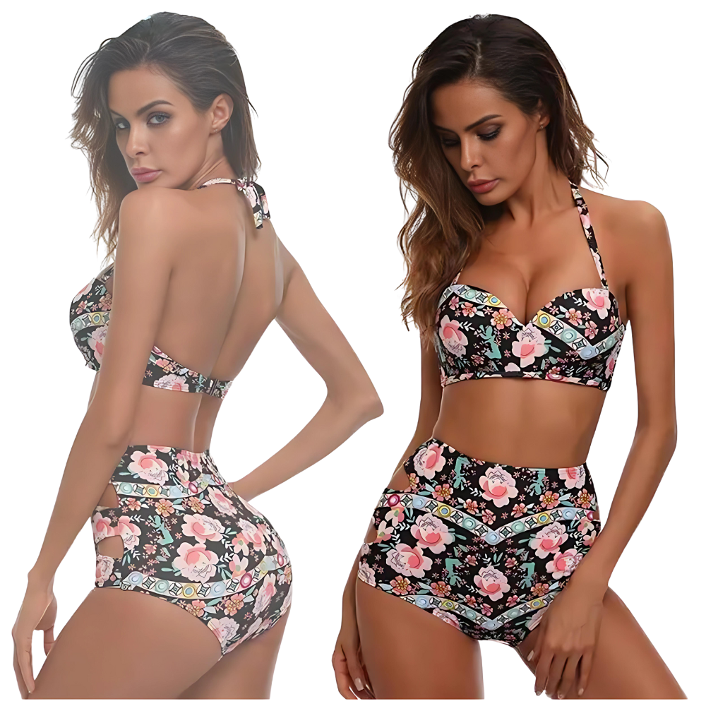 KOLOROWY KOSTIUM STRÓJ KĄPIELOWY DWUCZĘŚCIOWY BIKINI WYSOKI STAN PUSH UP M