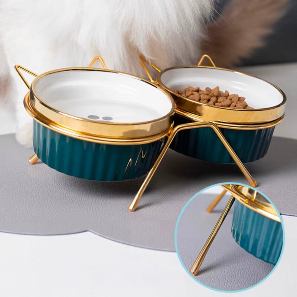 Zestaw 2x300ml miska dla kota psa podwójna na stojaku ceramiczna złota uszy