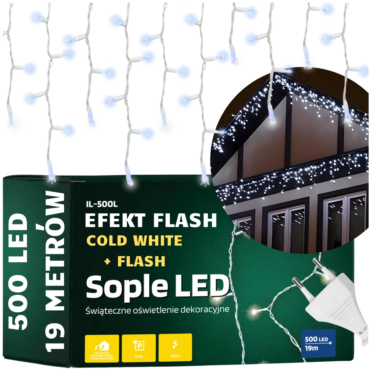 lampki świąteczne zewnętrzne sople 500 led zimny biały + flash