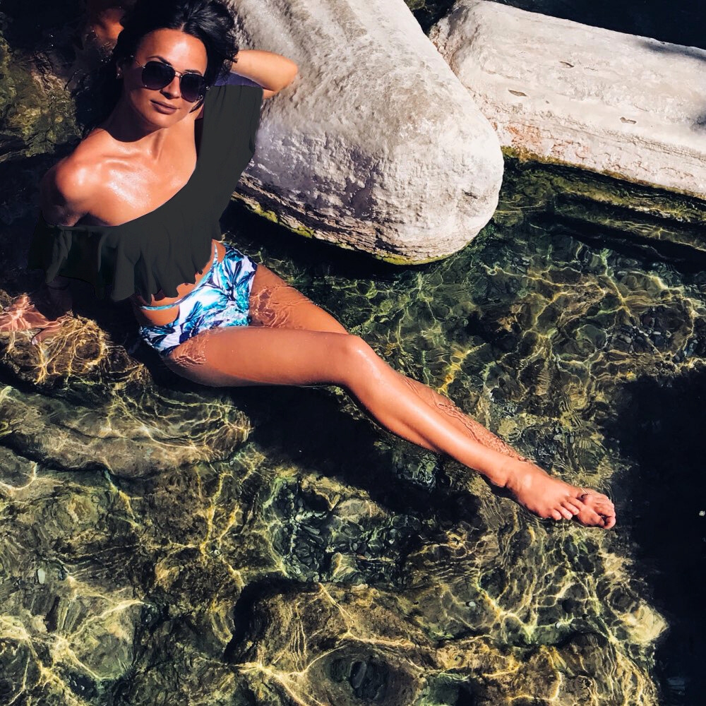 Strój kąpielowy kostium bikini dwuczęściowe hiszpanka falbana wysoki stan l