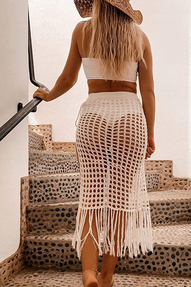 BIAŁA AŻUROWA MIDI SPÓDNICA PLAŻOWA BOHO PLAŻA LATO STYLOWA FRĘDZLE PROSTA