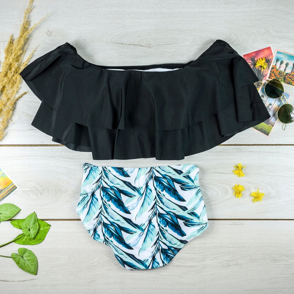 Strój kąpielowy kostium bikini dwuczęściowe hiszpanka falbana wysoki stan l