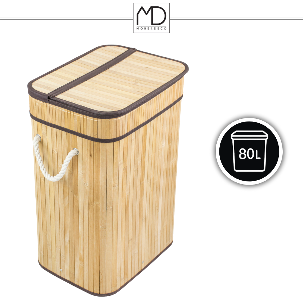 SKŁADANY KOSZ POJEMNIK NA PRANIE BIELIZNĘ Z POKRYWĄ BAMBUSOWY DREWNIANY 80L