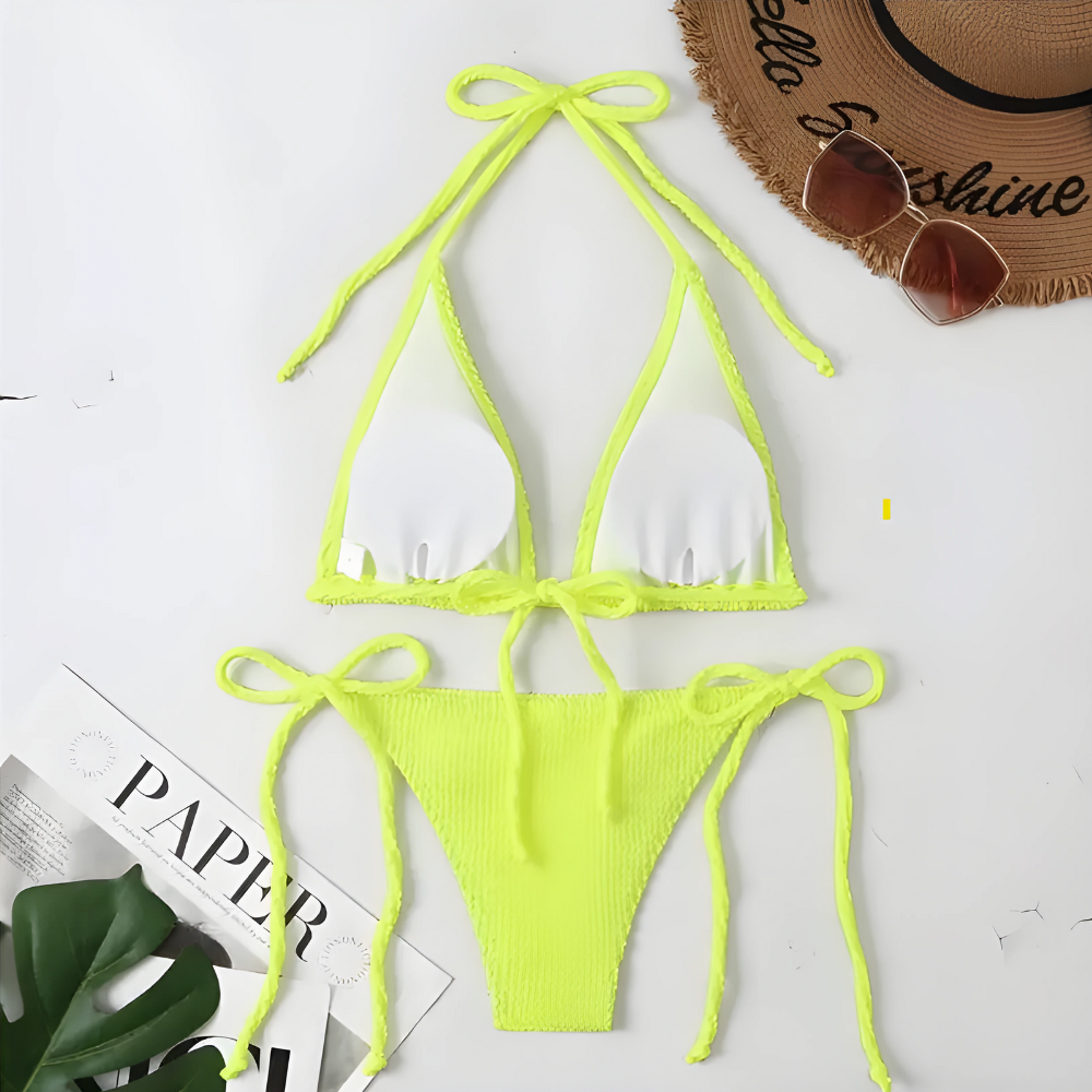 DWUCZĘŚCIOWY STRÓJ KĄPIELOWY BIKINI NEON MARSZCZONE WIĄZANE OPALENIZNEXL