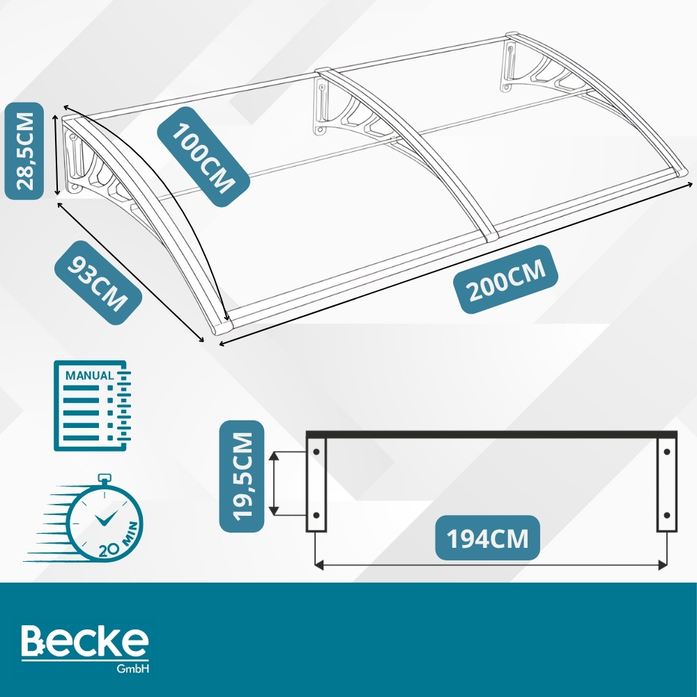 Daszek nad drzwi zadaszenie 200x100 cm szary