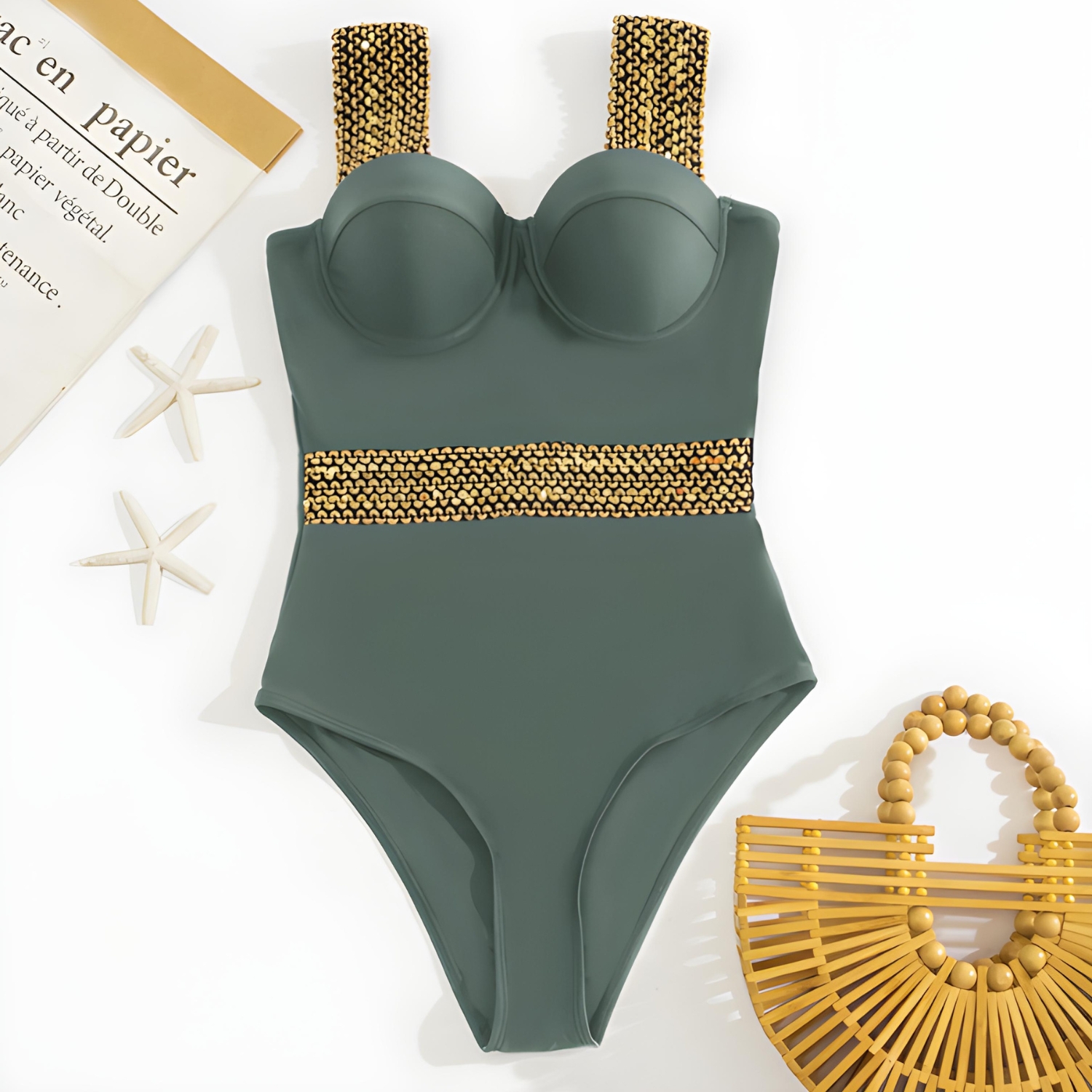 JEDNOCZĘŚCIOWY STRÓJ KĄPIELOWY CEKINY GORSETOWY PUSH UP USZTYWNIANY XL