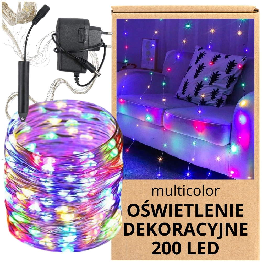 Kurtyna świetlna lampki girlanda anielskie włosie 200LED multikolor