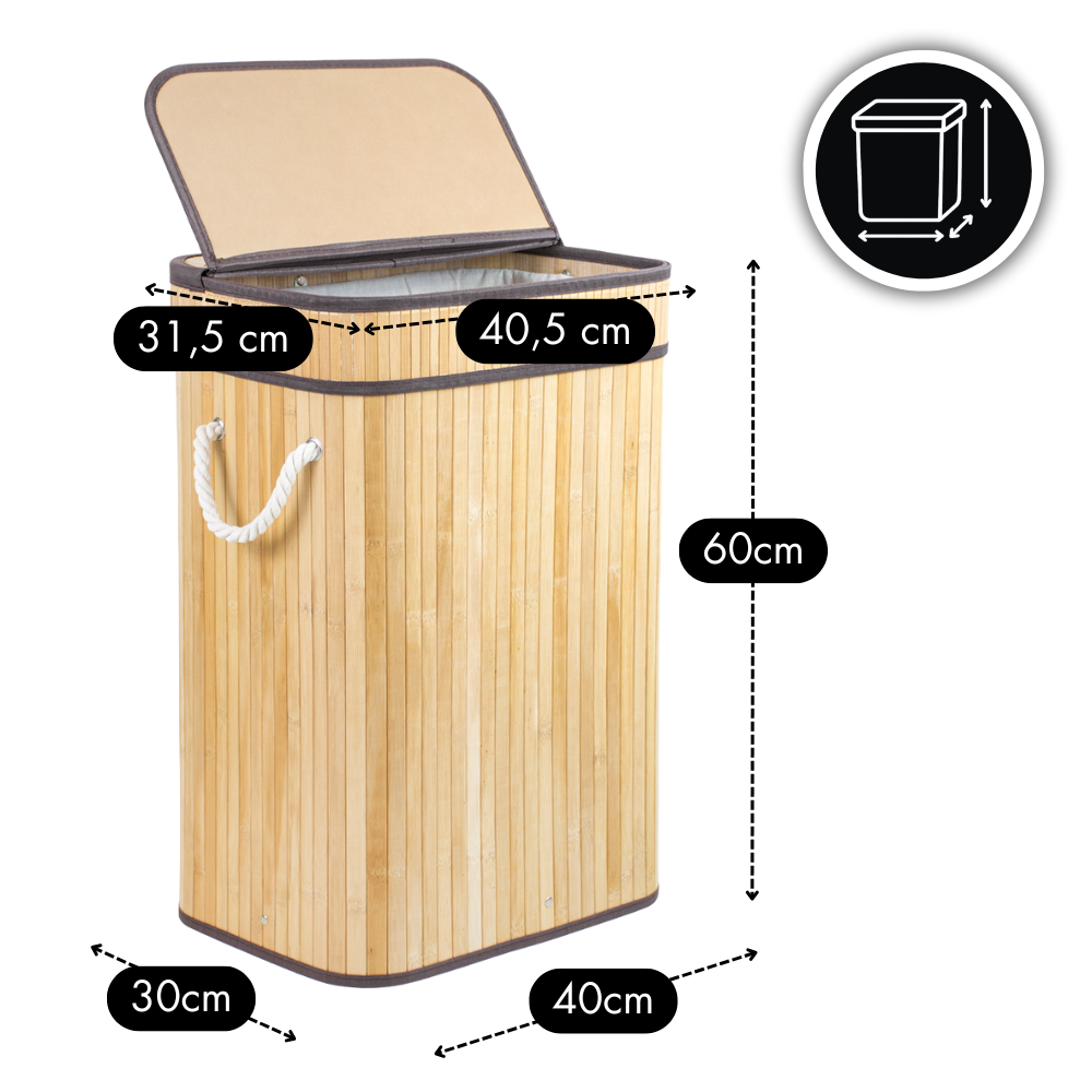 SKŁADANY KOSZ POJEMNIK NA PRANIE BIELIZNĘ Z POKRYWĄ BAMBUSOWY DREWNIANY 80L