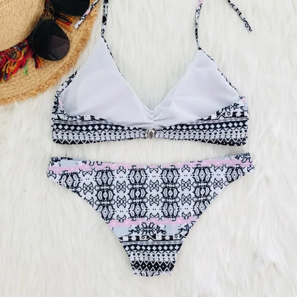 BIKINI STRÓJ KĄPIELOWY DWUCZĘŚCIOWY WZÓR AZTECKI WIĄZANY KOSTIUM KOMPLET L