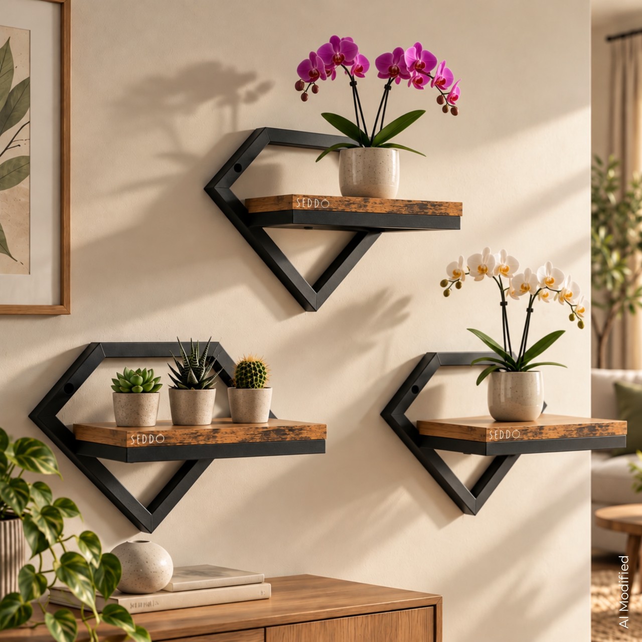 Kwietnik ścienny wiszący loft 20 × 25 × 18,5 cm – czarny, brązowa półka – zdjęcie 4
