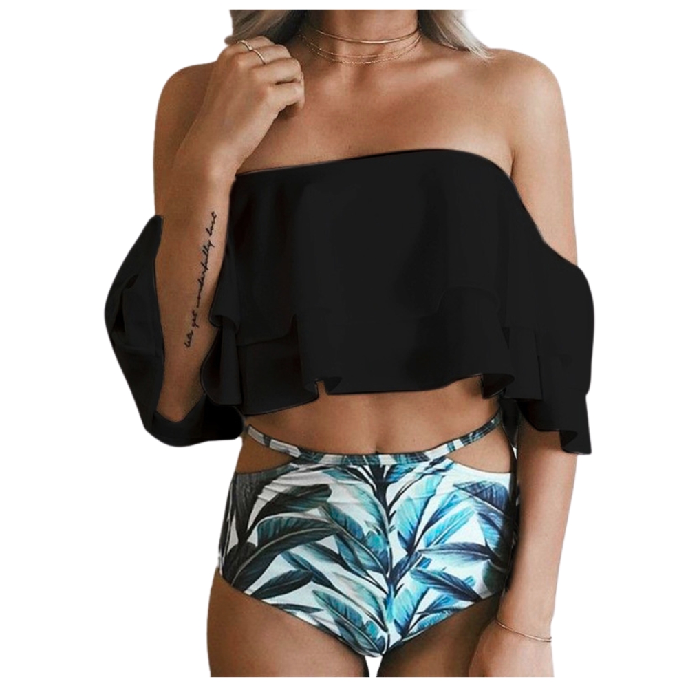 Strój kąpielowy kostium bikini dwuczęściowe hiszpanka falbana wysoki stan l