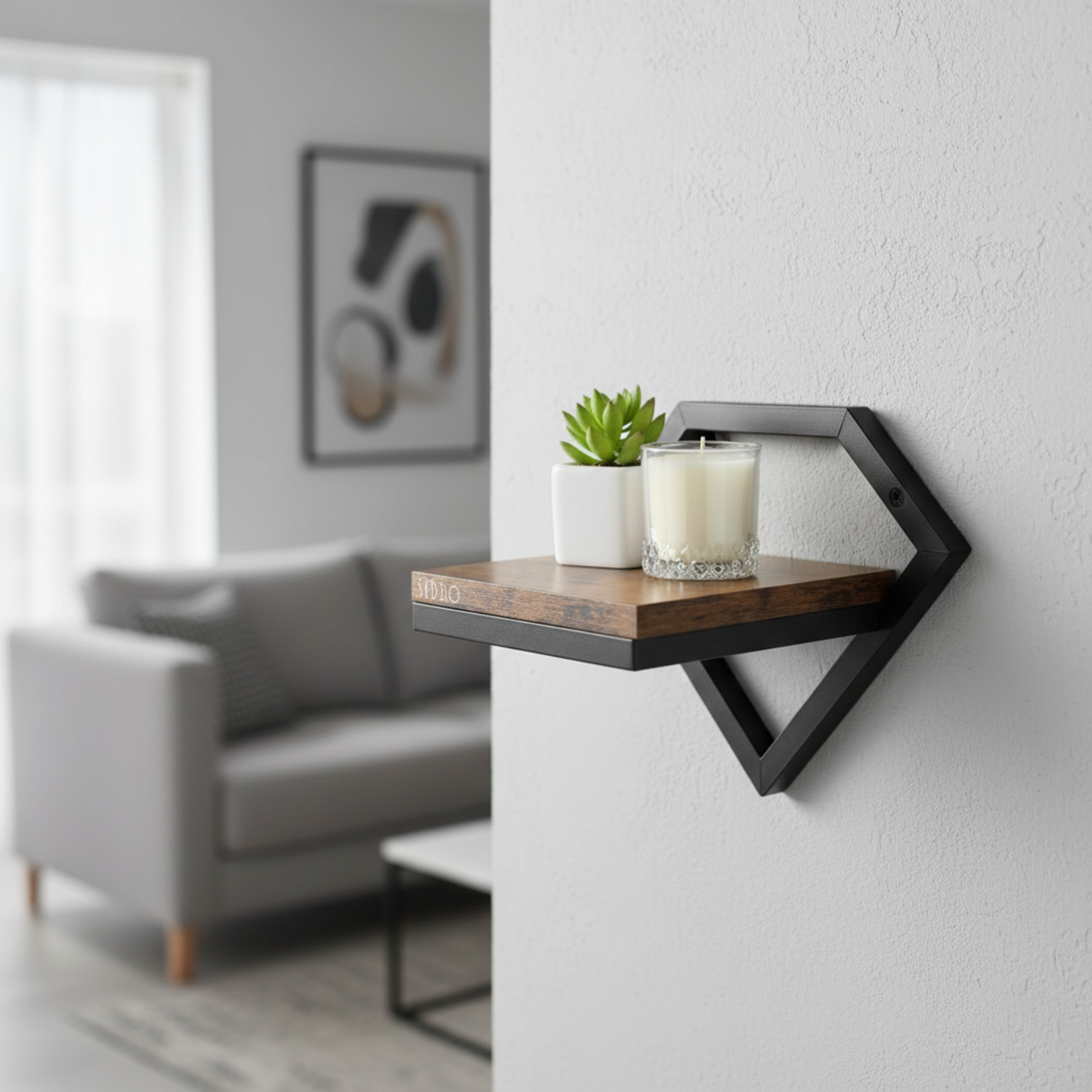 Kwietnik ścienny wiszący loft 20 × 25 × 18,5 cm – czarny, brązowa półka – zdjęcie 3