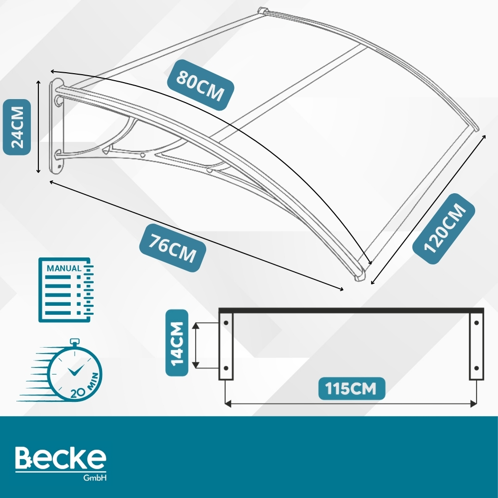Daszek nad drzwi wejściowe łukowy zadaszenie balkon okno poliwęglan 120x80