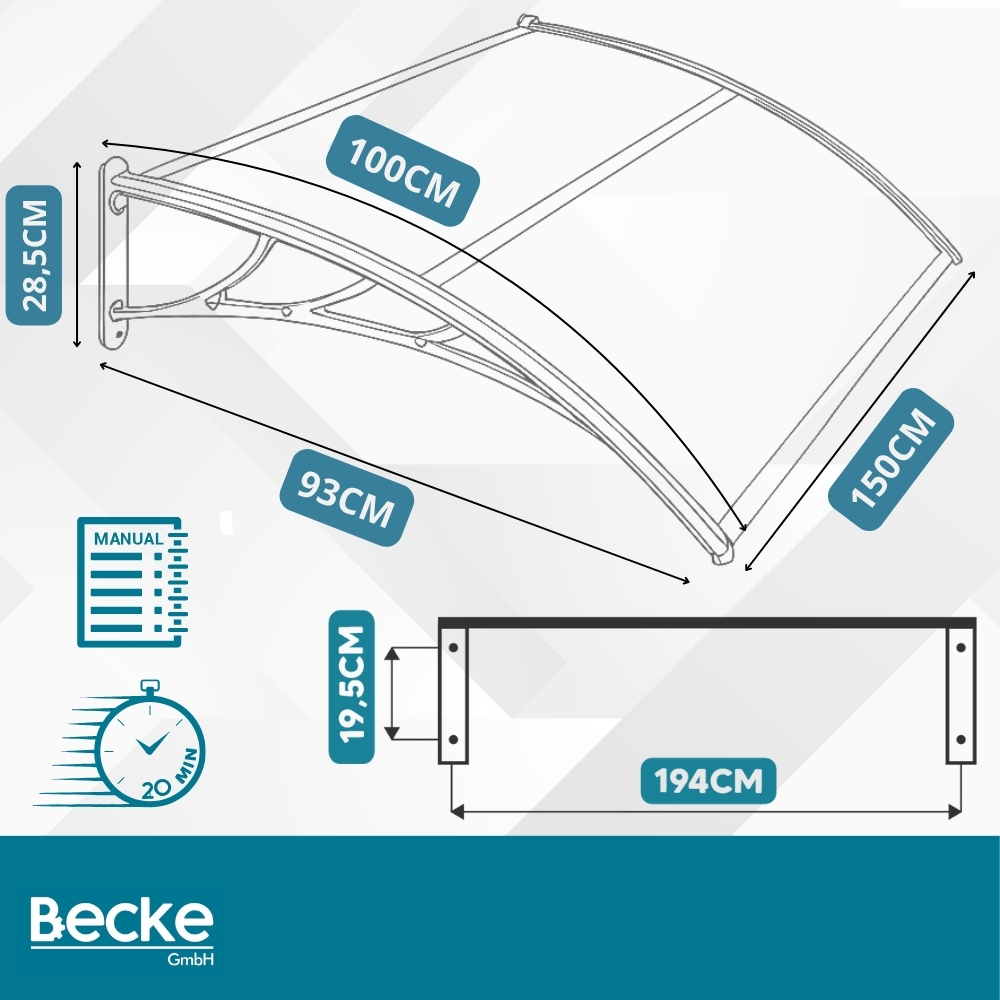Daszek nad drzwi wejściowe zadaszenie balkon okno poliwęglan szary 150x100