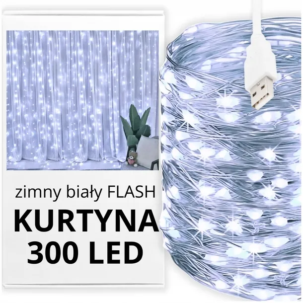 Kurtyna świetlna 300 LED biały zimny + flash bez haczyków
