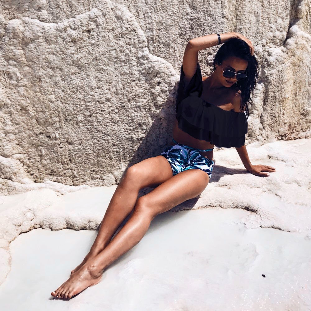 Strój kąpielowy kostium bikini dwuczęściowe hiszpanka falbana wysoki stan l