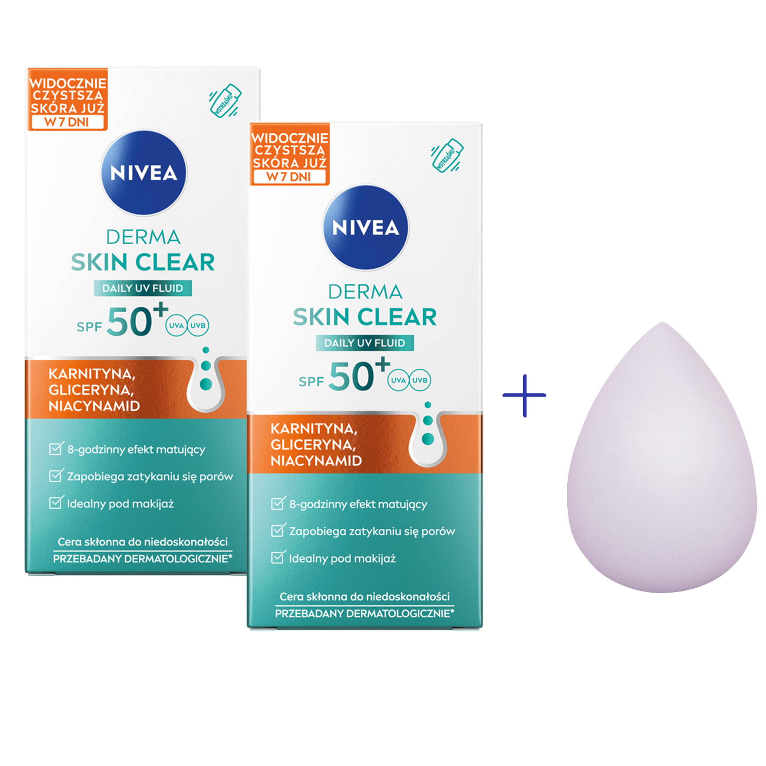 2 x Derma Skin Clear Daily UV Fluid SPF 50+ pod makijaż 40 ml + Gąbeczka