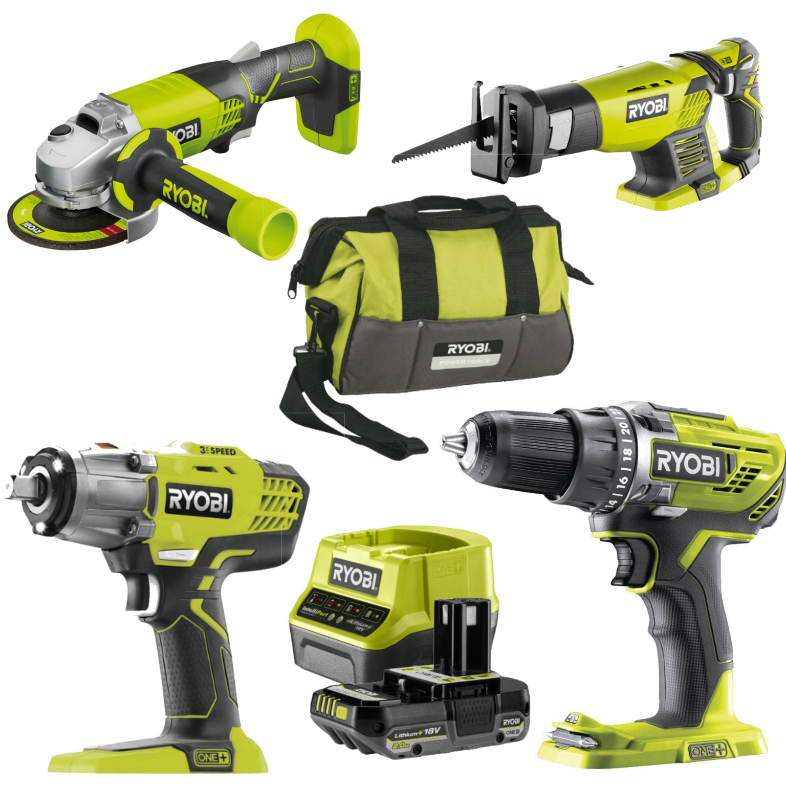 RYOBI Zestaw 4 Narzędzi Akumulatorowych + Torba + Ładowarka z Baterią 2Ah