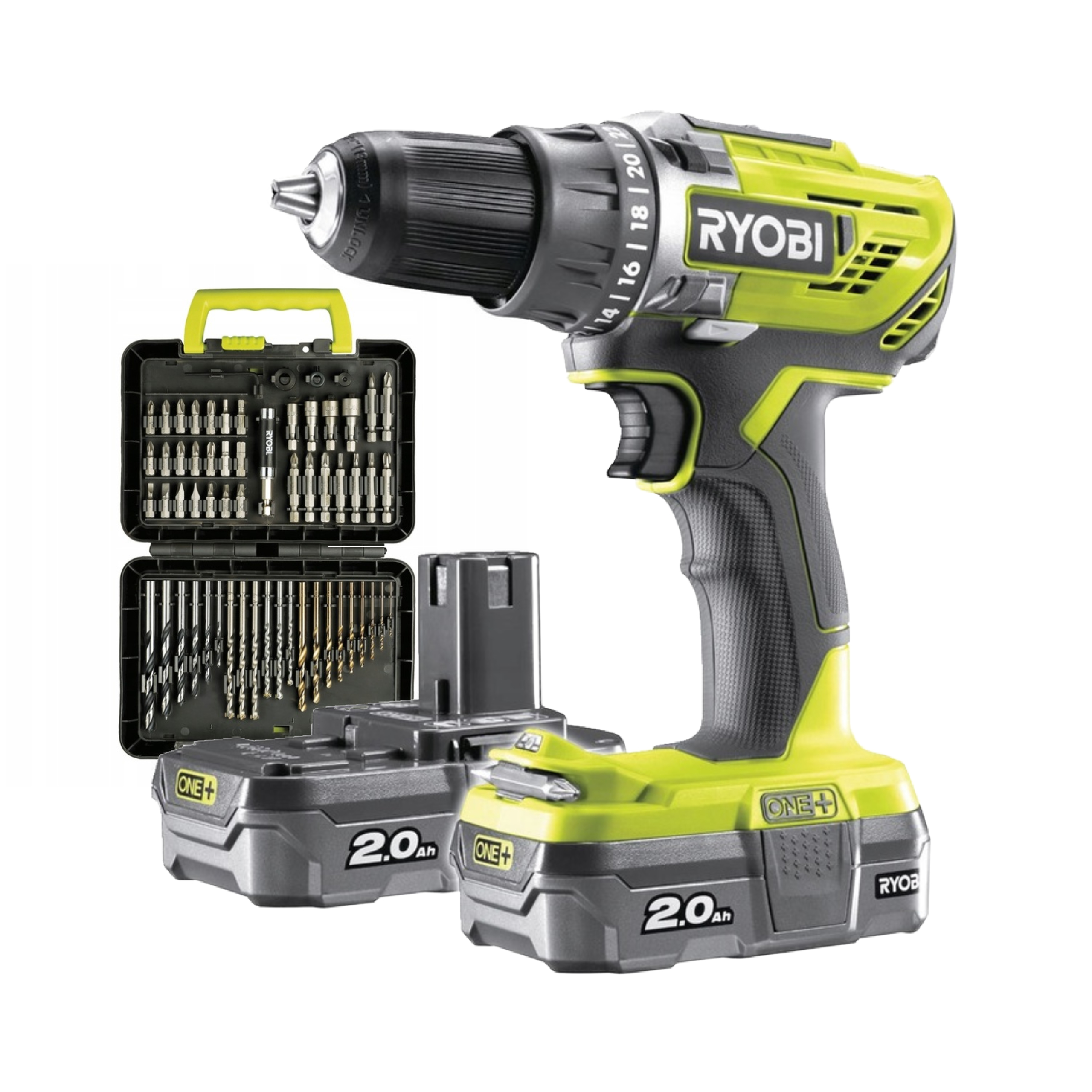 RYOBI Wiertarko-wkrętarka 18 V (2×2.0Ah) + Zestaw wierteł i bitów 60 szt.