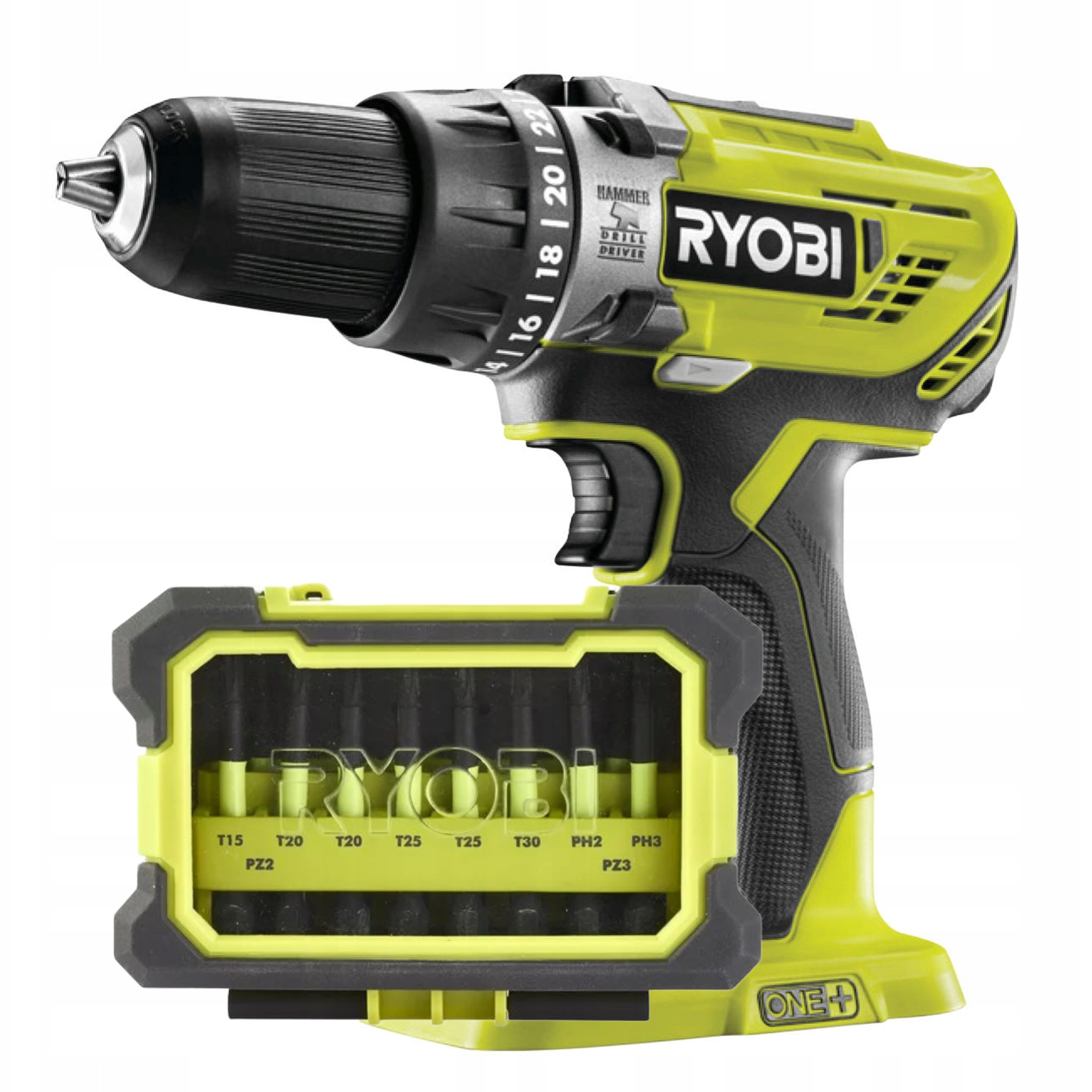 RYOBI Wiertarko-wkrętarka udarowa 18V + Zestaw mieszany bitów Torque+ 10el.