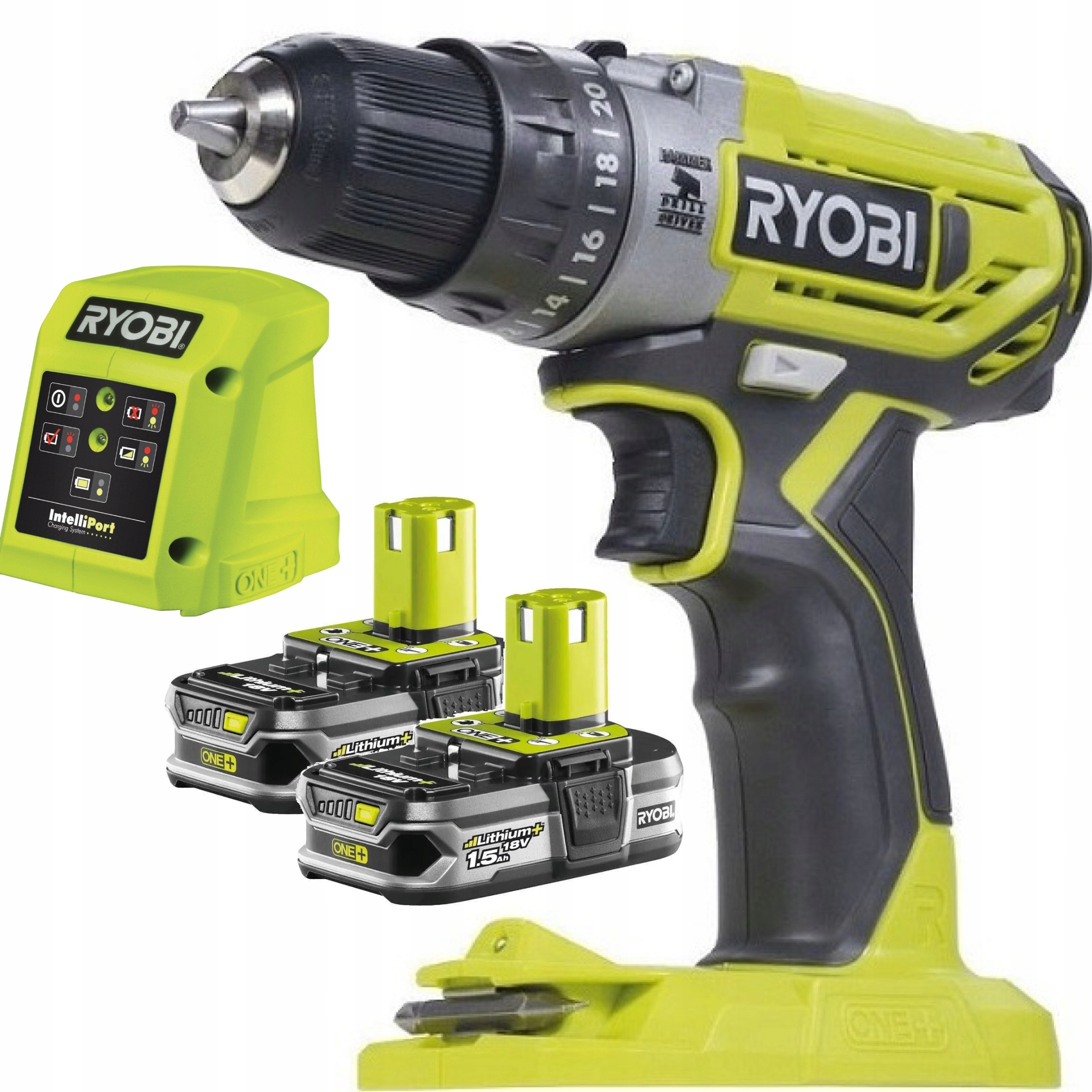 Ryobi Wiertarko-Wkrętarka 18V + 2×1.5Ah + Ładowarka + Zestaw bitów 141 szt.