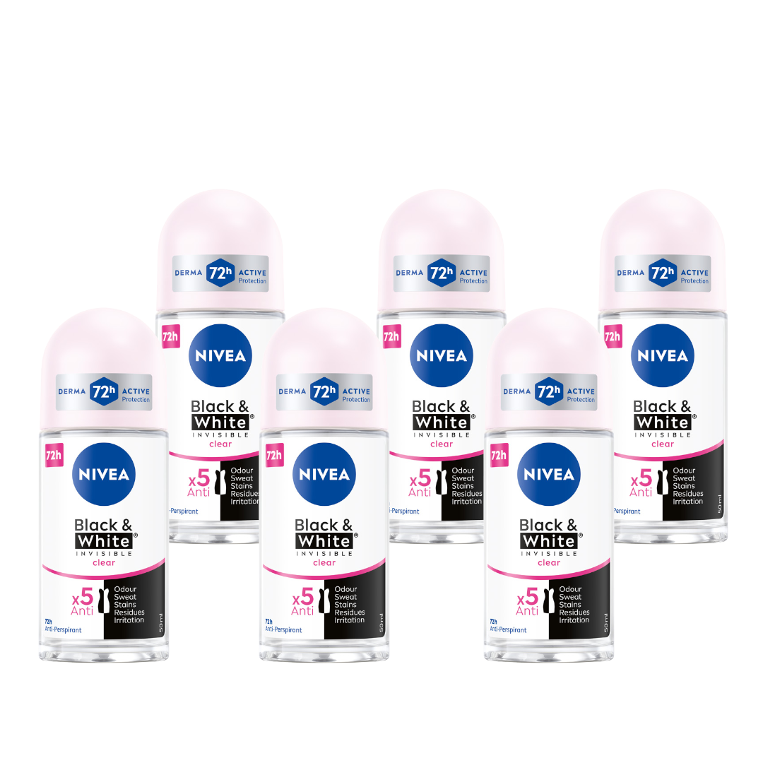 6 x NIVEA Black&White Invisible Clear Antyperspirant Roll On, 50 ml