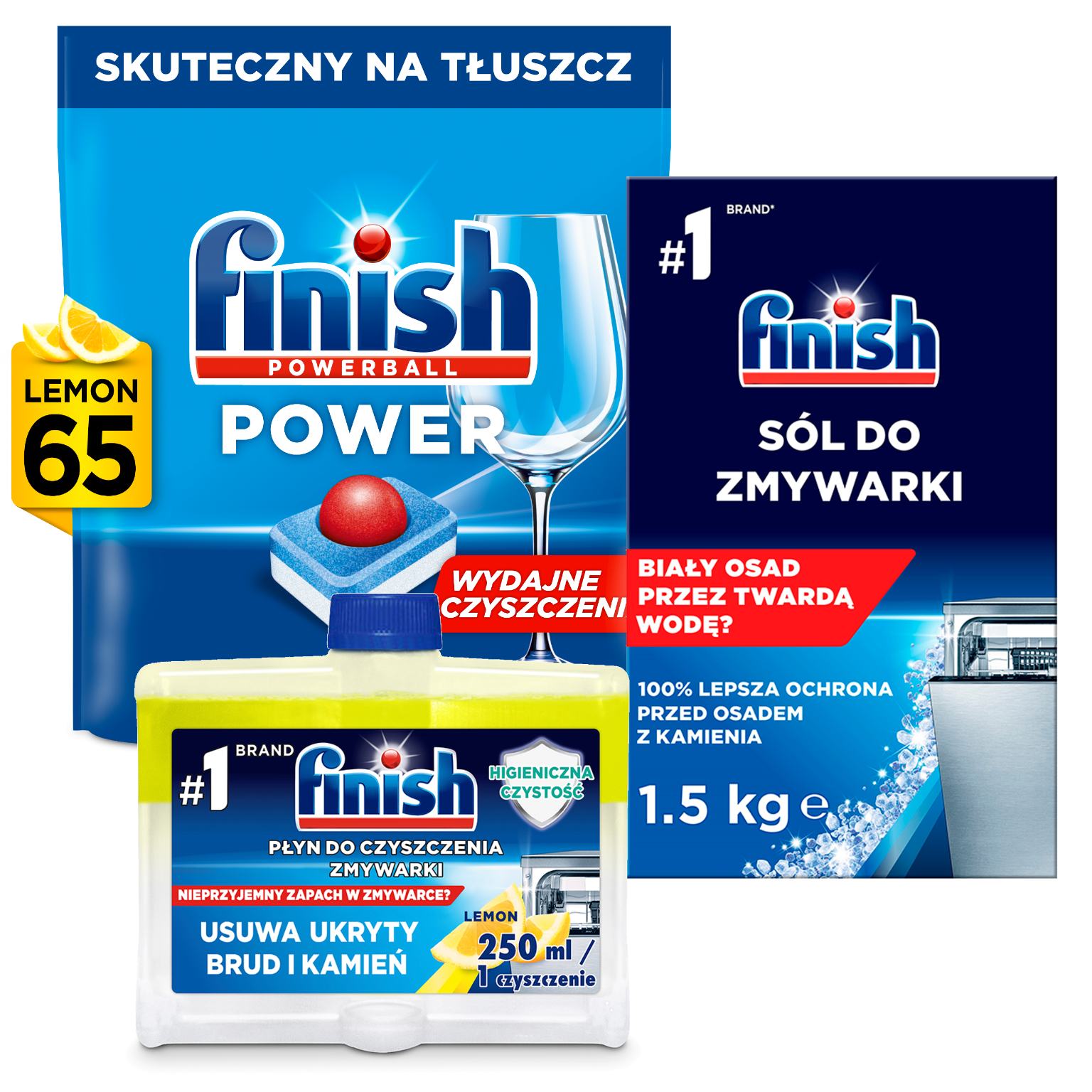 Finish Power AIO Lemon tabletki 65 szt. + sól 1,5 kg + czyścik 250 ml
