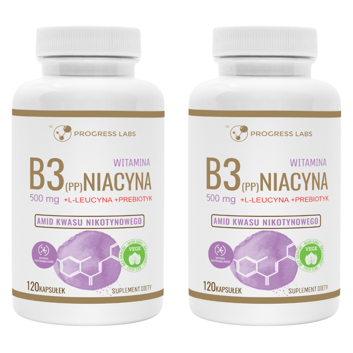 Zestaw PROGRESS LABS NIACYNA WITAMINA B3 (PP) 500mg 120 KAPSUŁEK WEGAN 2x