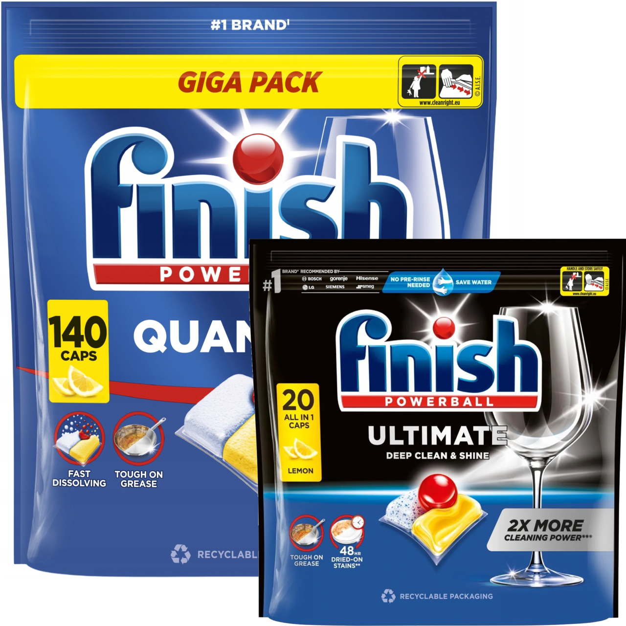 Zestaw 021086 Finish Quantum Kapsułki do zmywarki 150 Lemon + 094336 FINISH Kapsułki Ultimate 20 lemon